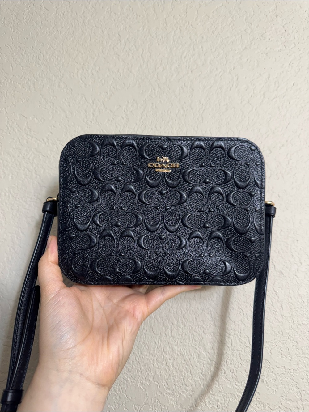 Coach Mini Camera bag Black Signature Embossed Leather Crossbody Bag